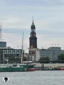 Hamburg - Image of a clock tower along the banks of the lebe