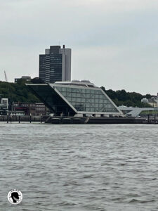 Hamburg - Inage of a stylistic parallelogram building aloong the shore of the Elbe