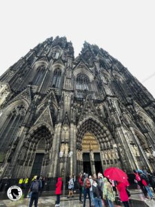 Image looking up at the spired of the cathedral from the base