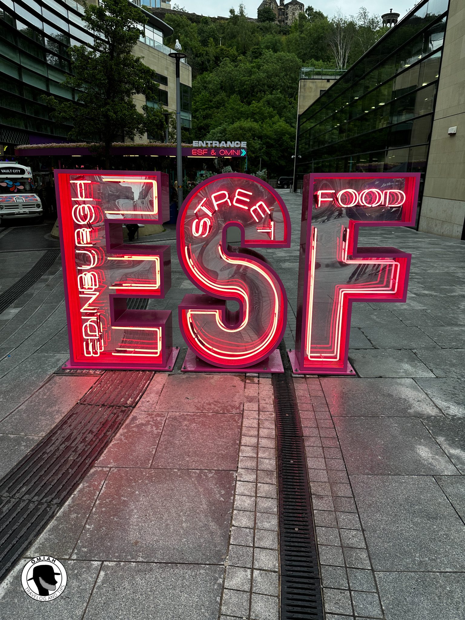 Illuminated neon sign at the Edinburgh Street Food venue