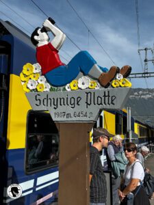 Stylized picture at the station going up to the Schynige Platte depicting a reclining man with binoculars sitting on a bed of flowers.  