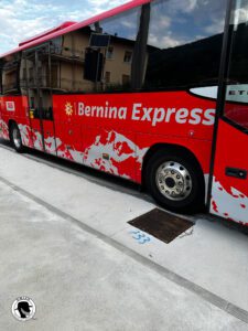 Bernina Express branded Tour bus for the leg from Tirano Italy to Lugano Switzerland on the Grand Train Tour of Switzerland