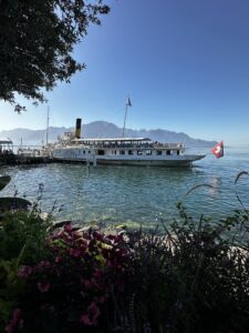 Cruise vessel on Lake Geneva that launches from a dock along the Promenade in Montreux.