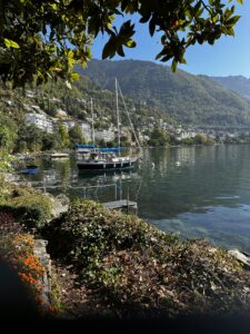 Image of boats at anchor on Lake Geneva and buildings along the hillside